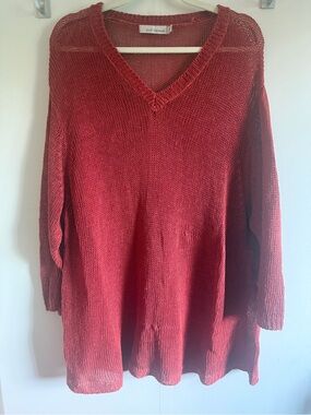 Cut Loose 100% Linen Open Knit Tunic Sweater Coral Red L XL Oversized